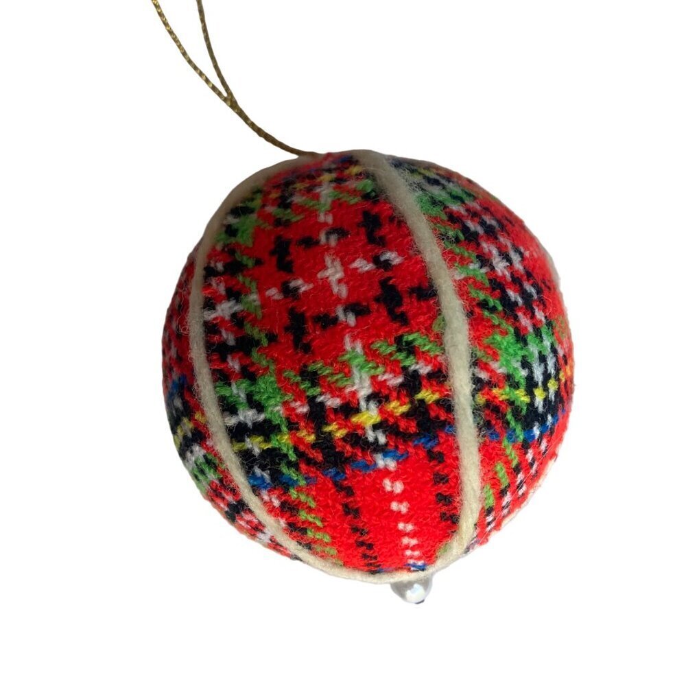 Vintage Red Plaid Fabric Christmas Ornaments Set Of 4 Bell Ball Large - Picture 7 of 8